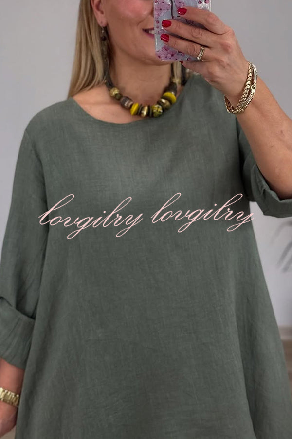 Linen Blend Crew Neck Long Sleeve Irregular Loose Top and Elastic Waist Floral Print Casual Pocket Set