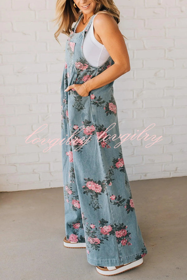 Fashion Floral Print Casual Button Pocket Loose Denim Overalls