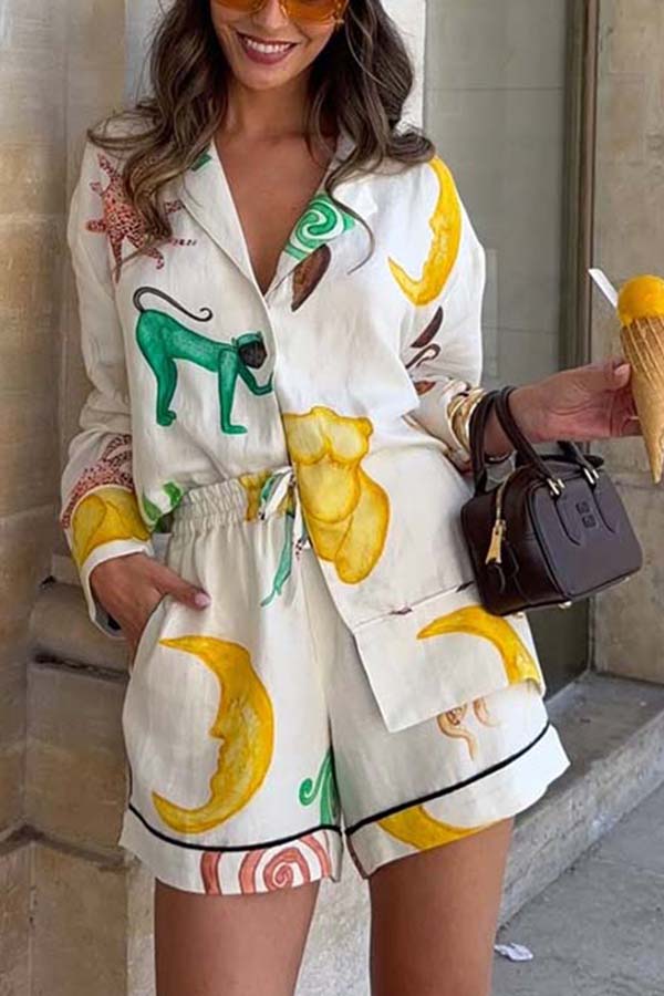Fun Resort Linen Blend Unique Print Long Sleeve Shirt and Elastic Waist Pocket Shorts Set