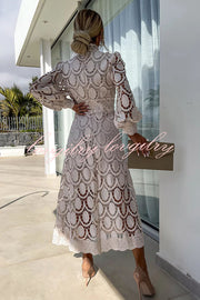 Romantic, Sensual and Elegant Crochet Lace Lantern Sleeve Party Midi Dress