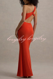 Sexy One-shoulder Backless Ribbon Pleated Slim Maxi Dress
