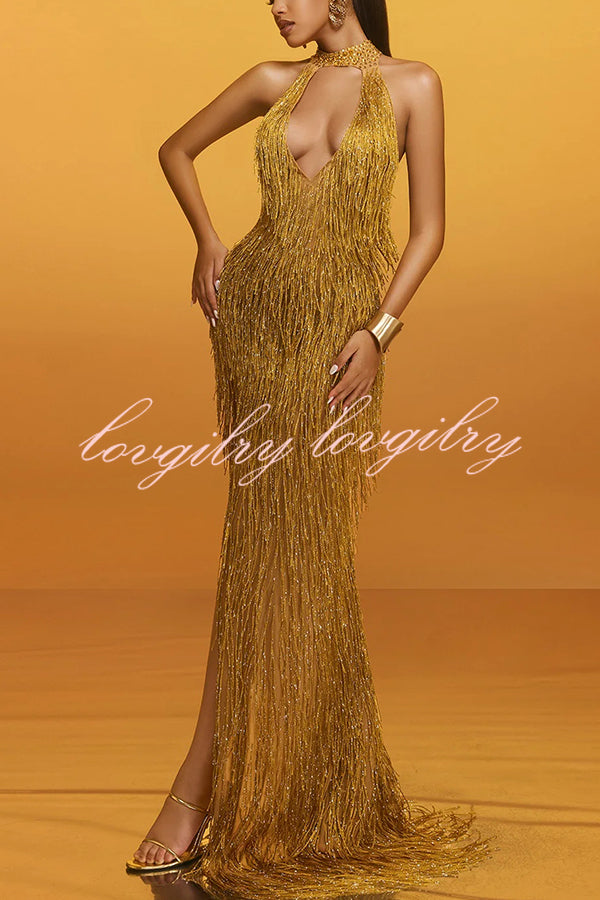 Glimmer Hour Shiny Layered Tassels Halter Cutout Neck Split Maxi Dress