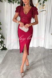 Dreamy Luxury Lace and Satin Patchwork Ruffle Sleeve Ruched Midi Dress