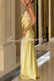 Sweet Trend Satin Lace Trim V-neck Slit Slip Maxi Dress