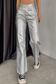 Stylish Metallic Fabric Pocket Casual Straight Wide-Leg Pants