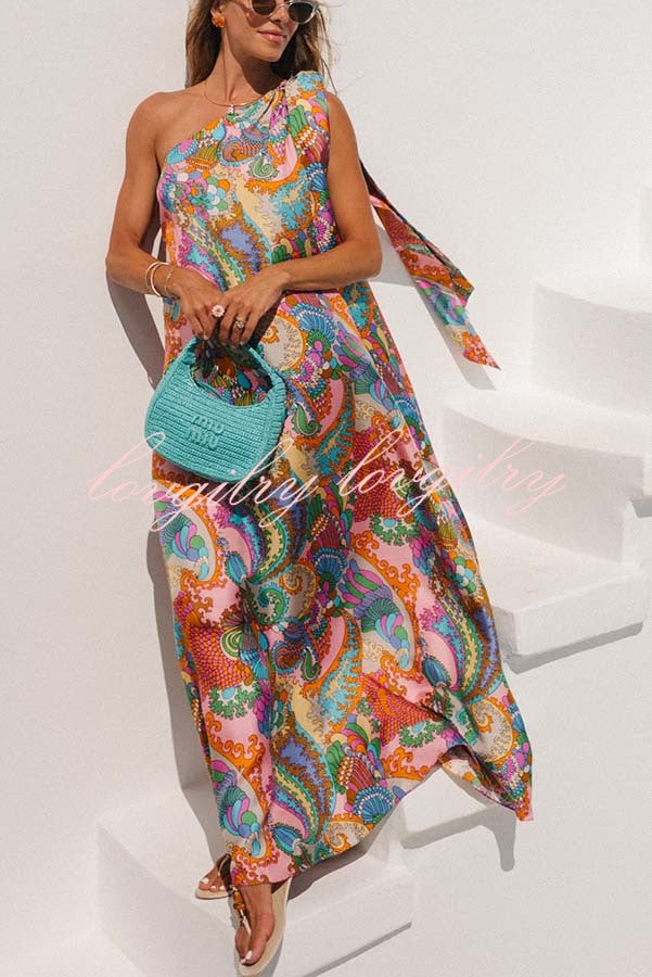 Rainbow Breeze Satin Unique Print Bow One Shoulder Loose Maxi Dress