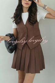 Solid Color Sleeveless Buttoned Vest and High-waisted Pleated Mini Skirt Set