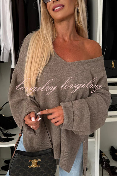 Cold Weather Knit Solid Color Long Sleeve V-neck Irregular Relaxed Sweater