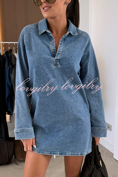 Fashion Lapel Long Sleeve Loose Denim Mini Dress