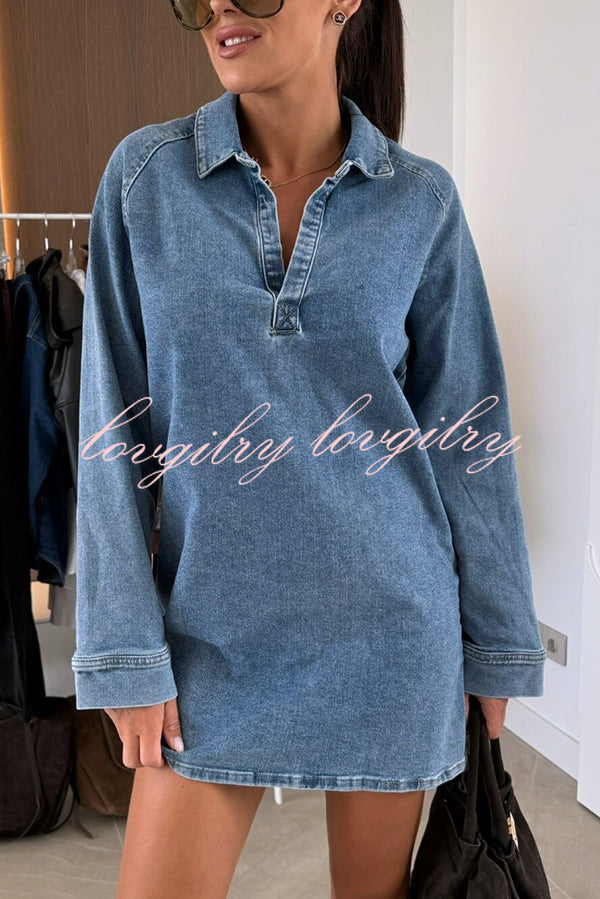 Fashion Lapel Long Sleeve Loose Denim Mini Dress