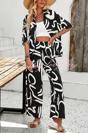 Irregular Printed Button Pocket Long Sleeved Shirt and Elastic Waist Pants Set