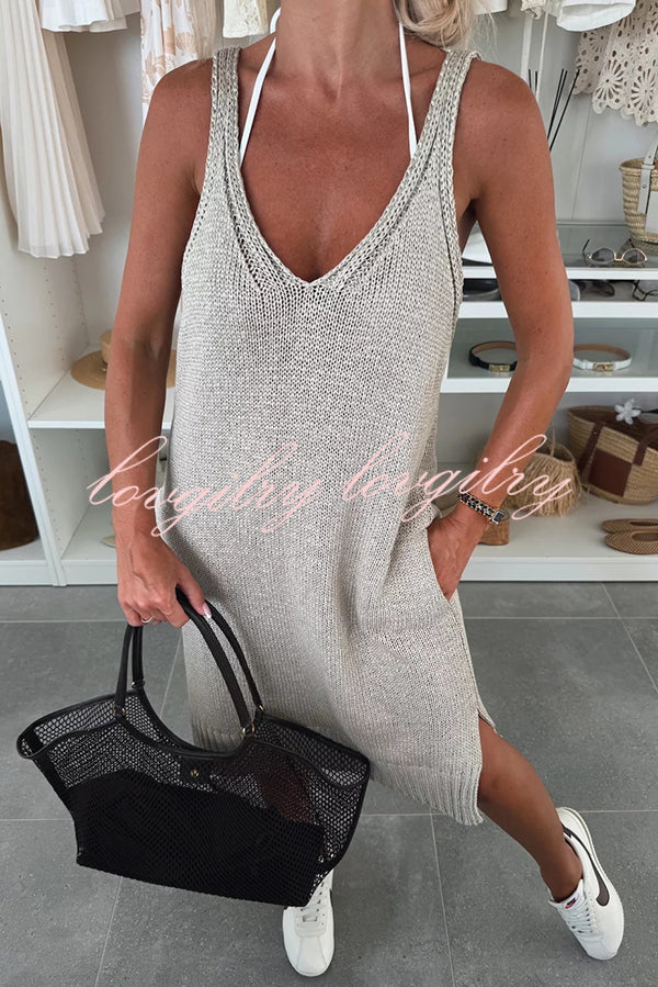 Solid Color V-Neck Sleeveless Casual Pocket Knitted Midi Dress