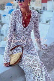 Santorini Sunset Floral Lace Long Sleeve Slit Vacation Maxi Dress