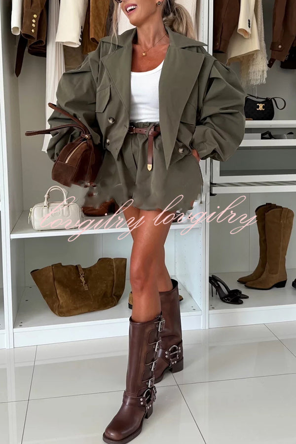 Fashion Style Button Long Balloon Sleeve Pocket Lapel Casual Bomber Jacket
