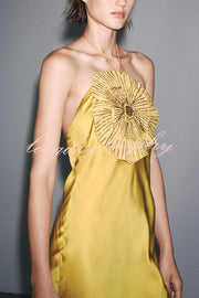 Fashionable Beaded Large Flower Decoration Halter Neck Backless Maxi Dress