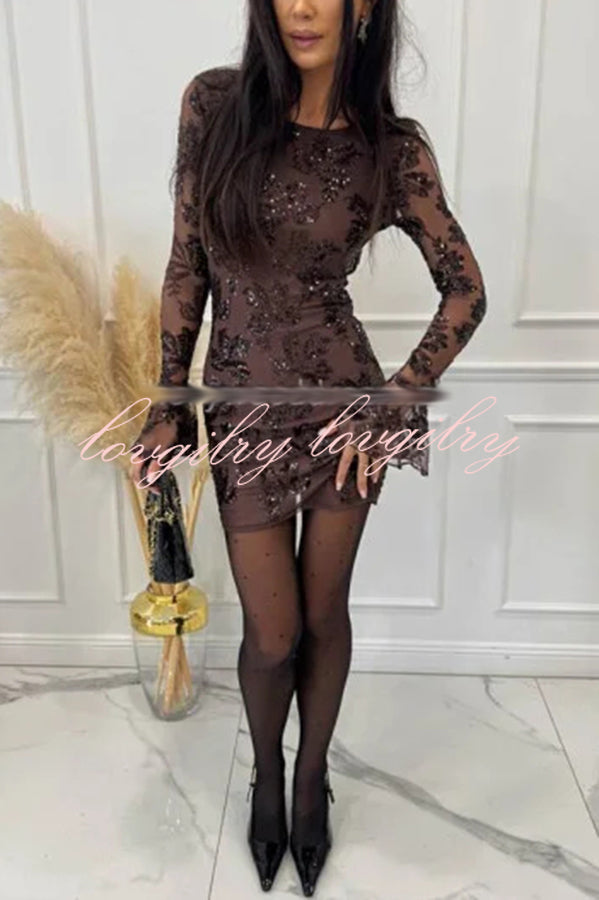 Deep and Dazzling Floral Texture Sequin Long Bell Sleeve Open Back Mini Dress