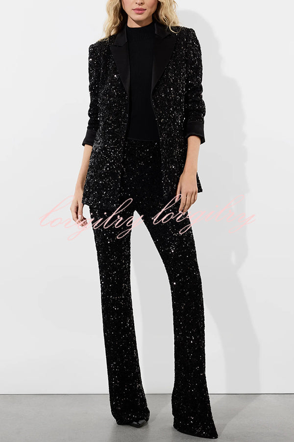 Sparkle Season Sequin High Rise Elastic Waist Stretch Flare Party Pants