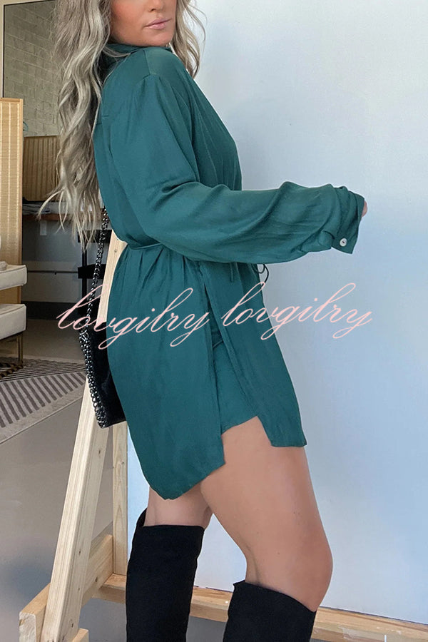 Solid Color Long Sleeve Button Casual Shirt-Style Rompers