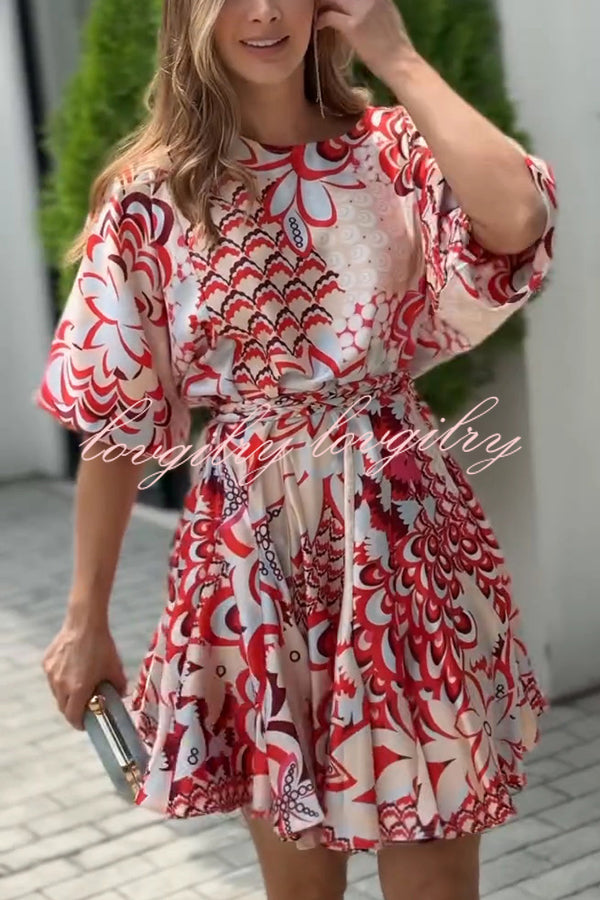 Unique Printed Round Neck Short Sleeve Waist Tie Vacation Mini Dress