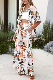 Holiday Style Holiday Print Casual Short-sleeved Shirt and Elastic Waist Loose Pocket Wide-leg Pants Set