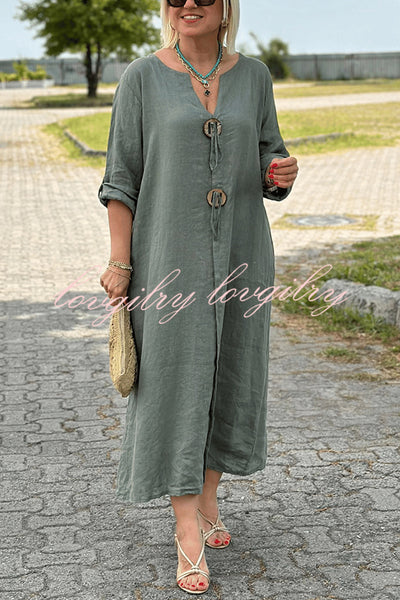 Solid Color Loose V-Neck Button-Decorated Maxi Dress