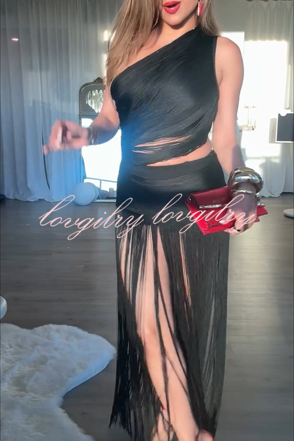 Dancing Miracle One Shoulder High Waist Hollow Design Tassel Hem Drape Mini Dress