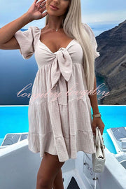 Solid Color Versatile Lace-Up V Neck Balloon Sleeve Mini Dress