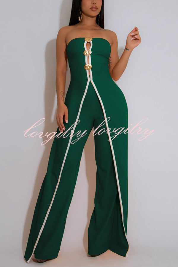 Fashionable Contrast Color Off-shoulder Metal Decoration Casual Elegant Jumpsuit