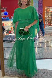 Ready for Holiday Cape Sleeve Tie-up Pleated Maxi Dress