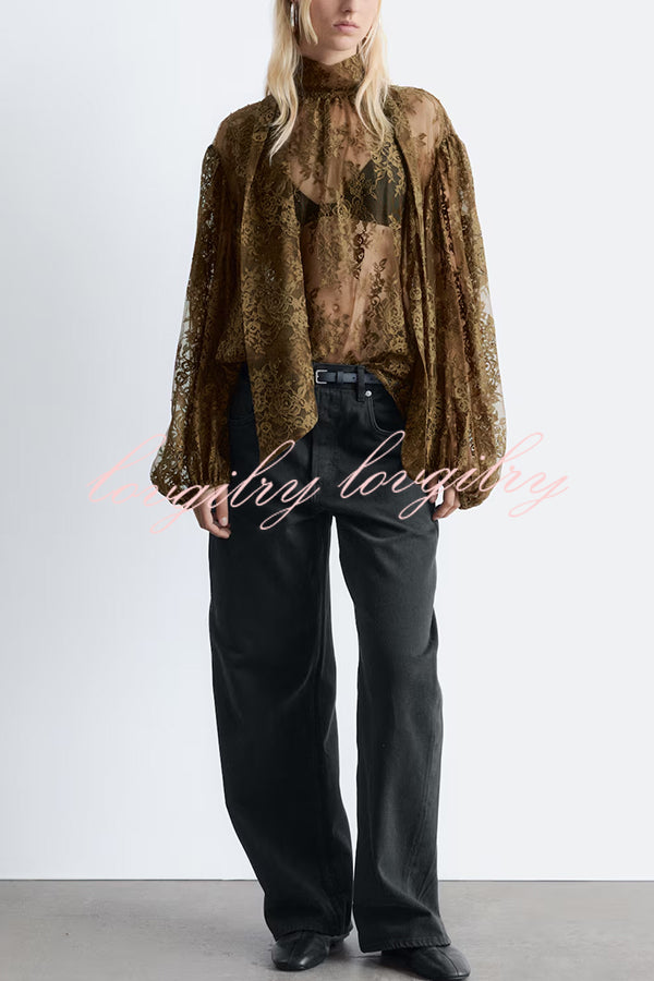 Reigna Semi-sheer Floral Lace Bow Neck Balloon Sleeve Loose Blouse