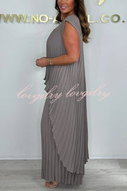 Laney Pleated Short Sleeve Irregular Midi Top and Elastic Waist Wide Leg Pants Set