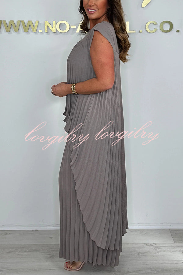 Laney Pleated Short Sleeve Irregular Midi Top and Elastic Waist Wide Leg Pants Set