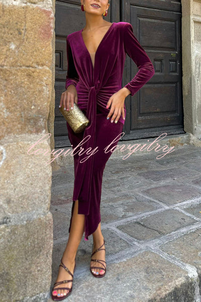 Elisabeth Luxurious Velvet Padded Shoulders Long Sleeve Twist Waist Drape Midi Dress