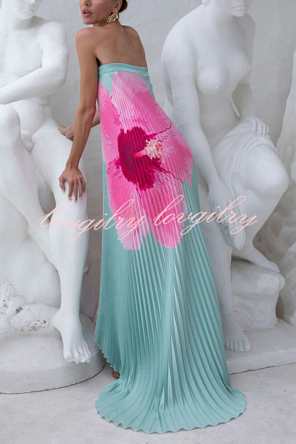 All about Her Pleated Floral Print Off Shoulder A-line Maxi Dress