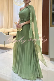 Kate Pleated One Shoulder Drape Sleeve Twist Waist Maxi Dress