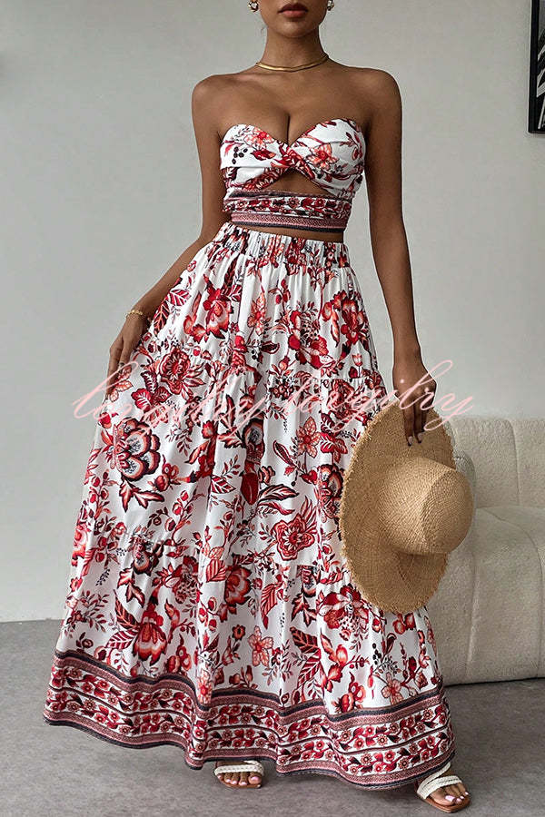 Floral Print Cutout Bandeau Top and Elastic Waist Full Maxi Skirt Set