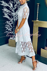 Elegant Crocheted Cutout Lace Short-sleeved Stand-collar Midi Dress