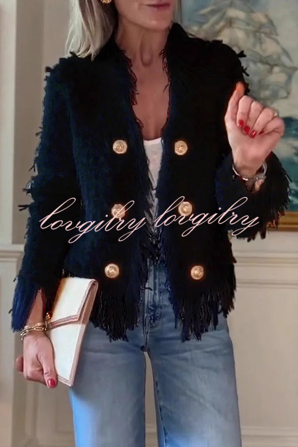 Solid Color Metal Button Long Sleeve Elegant Tassel Top