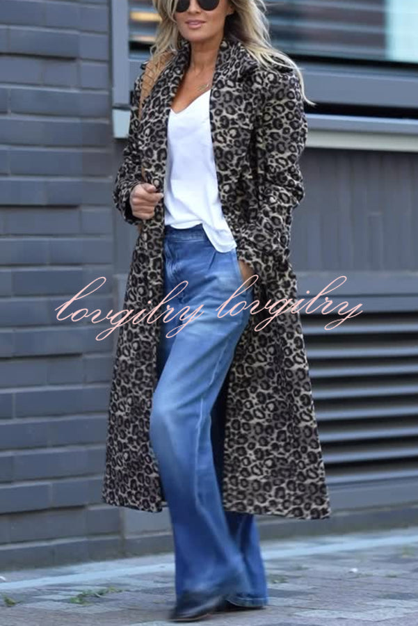 Leopard Affair Animal Print Epaulettes Long Sleeve Pocketed Lapel Midi Trench Coat