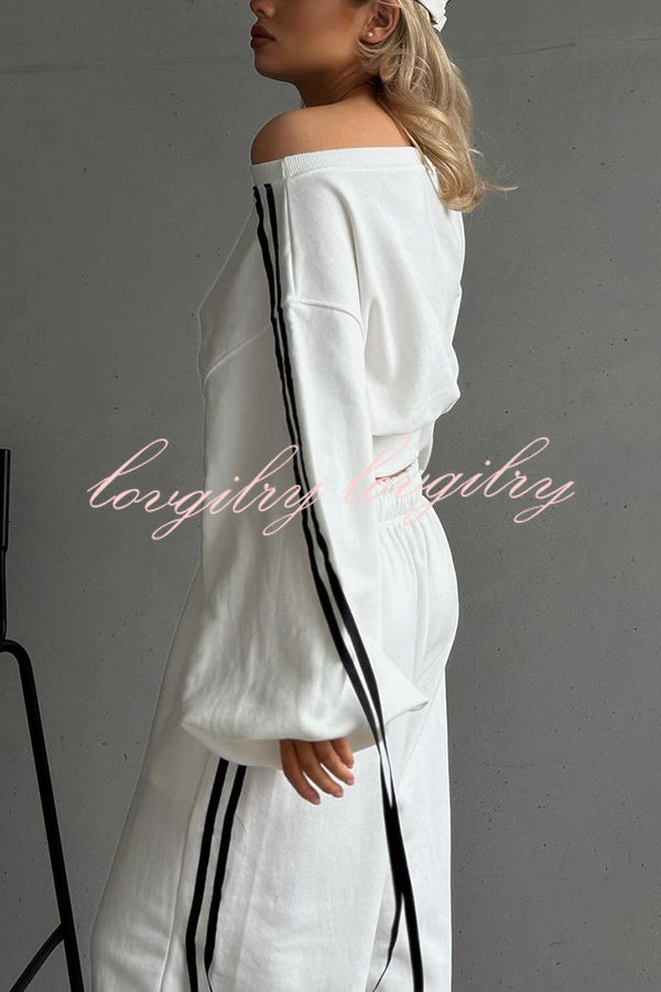 Contrast Color Webbing Casual Sweatshirt and Elastic Waist Tie Loose Pants Set