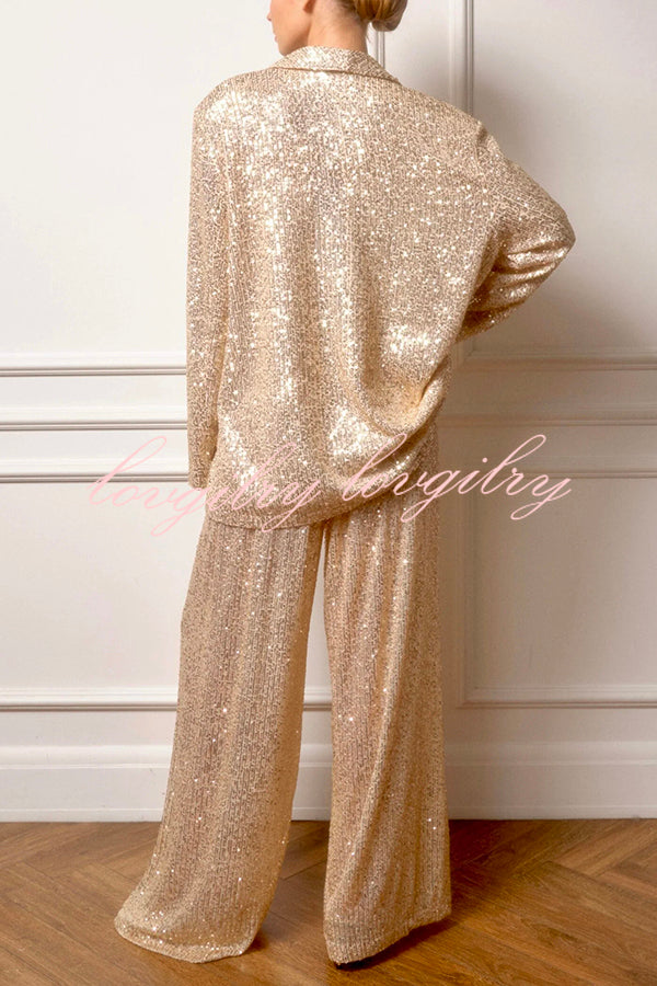 Solid Color Sequin Elastic Waist Elegant Loose Pants