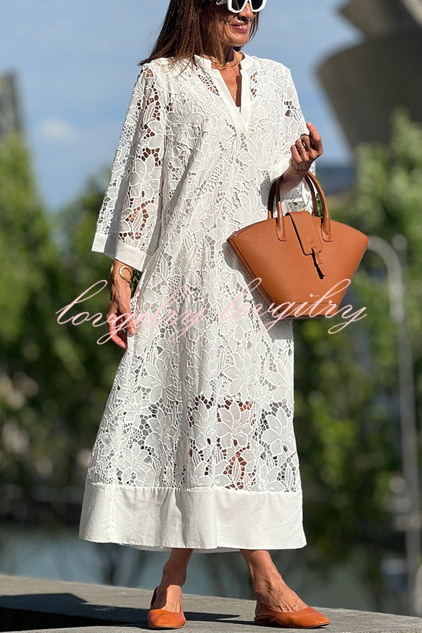 Confidence and Adventure Flower Lace V-neck Bell Sleeve Loose Midi Dress