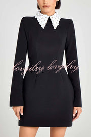 Alisha Contrast Floral Appliqué Pointed Collar Long Sleeve Pocketed Mini Dress