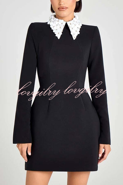 Alisha Contrast Floral Appliqué Pointed Collar Long Sleeve Pocketed Mini Dress