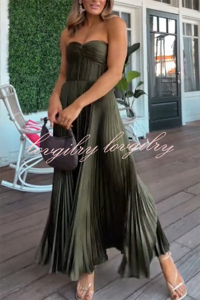 Love Note Satin Sweetheart Twist Off Shoulder Pleated Maxi Dress