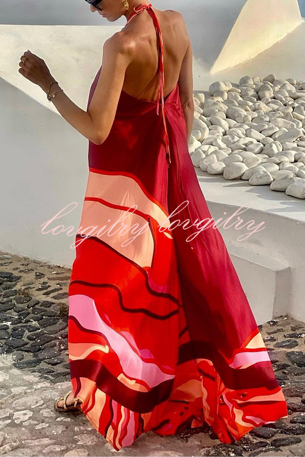 Vacay Happy Hour Print Halter Backless A-line Maxi Dress