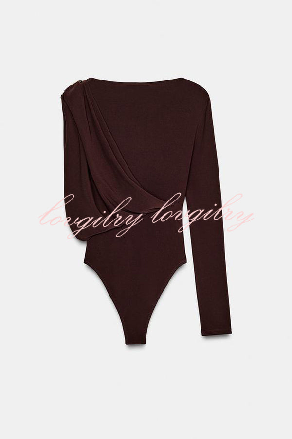 After Party Energy Brooch Detail One Sleeve Ruched Drape Stretch Bodysuit