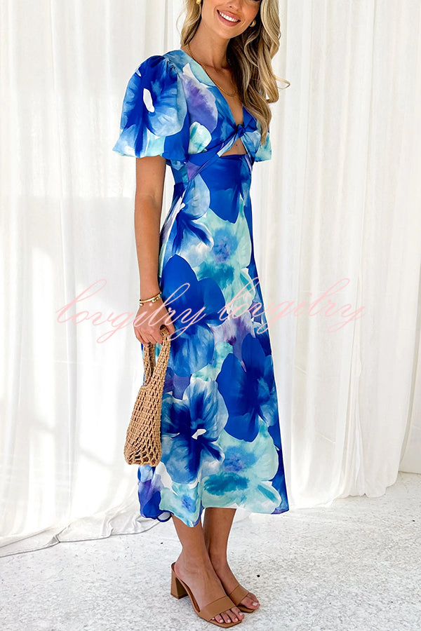 Sophia Floral Print Satin Puff Sleeve Twist Front Cutout Midi Dress