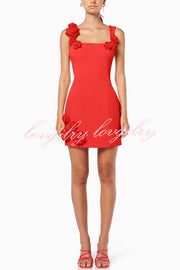 Crush on You Rose Applique Square Neck Wide Strap Mini Dress