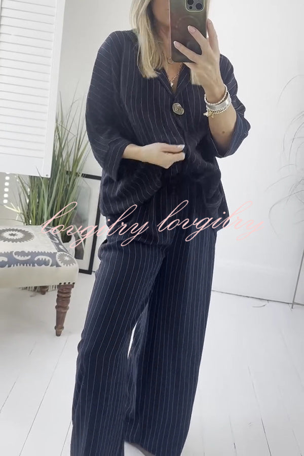 Fashion Striped Print Lapel Loose Top and Elastic Waist Casual Wide-leg Pants Set